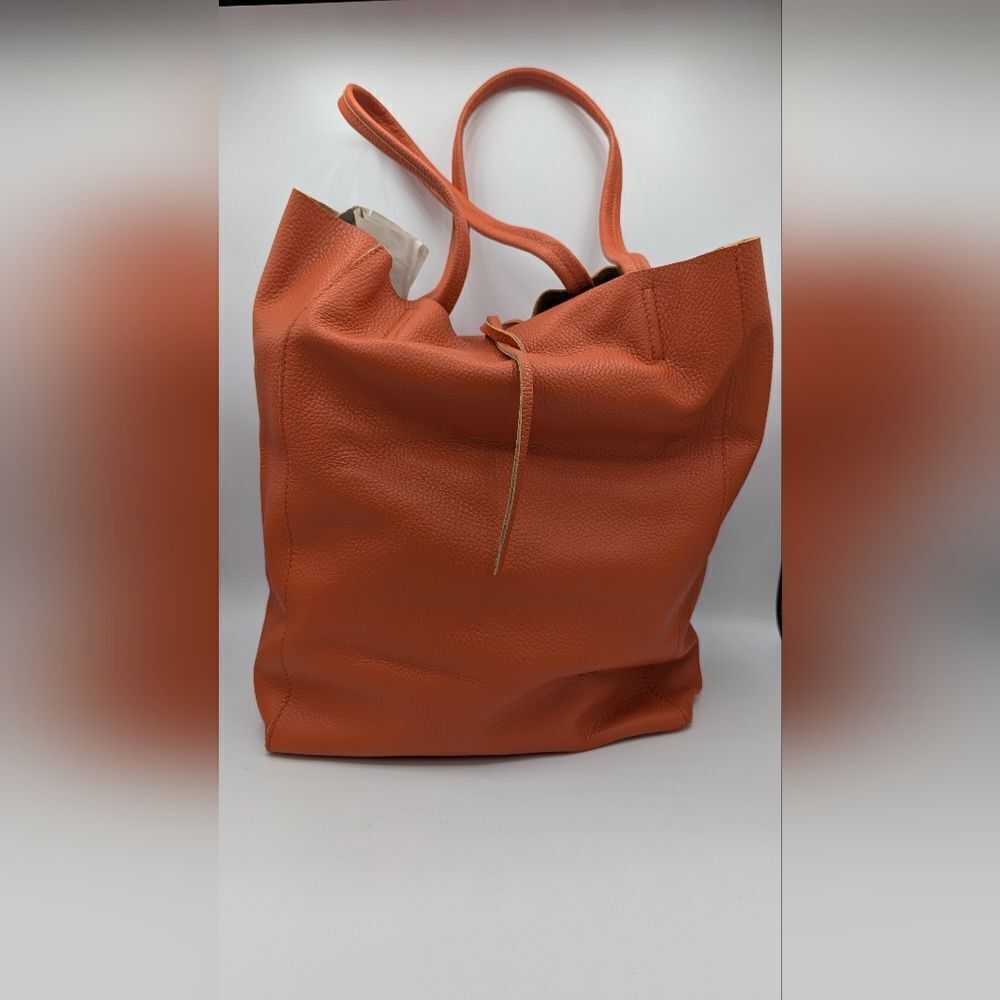Orange Leather Tote Bag